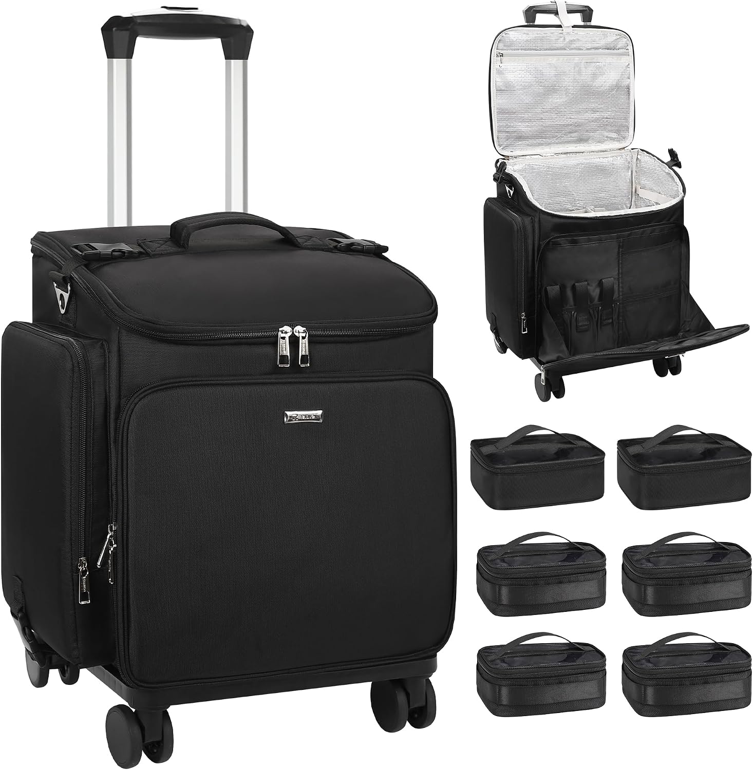 Travel Bags - ローリングメイクアップケース ヘアツール トラベルバッグ キャスター付き美容ケース 透明バッグ6個付き、プロのヘアスタイリスト向け