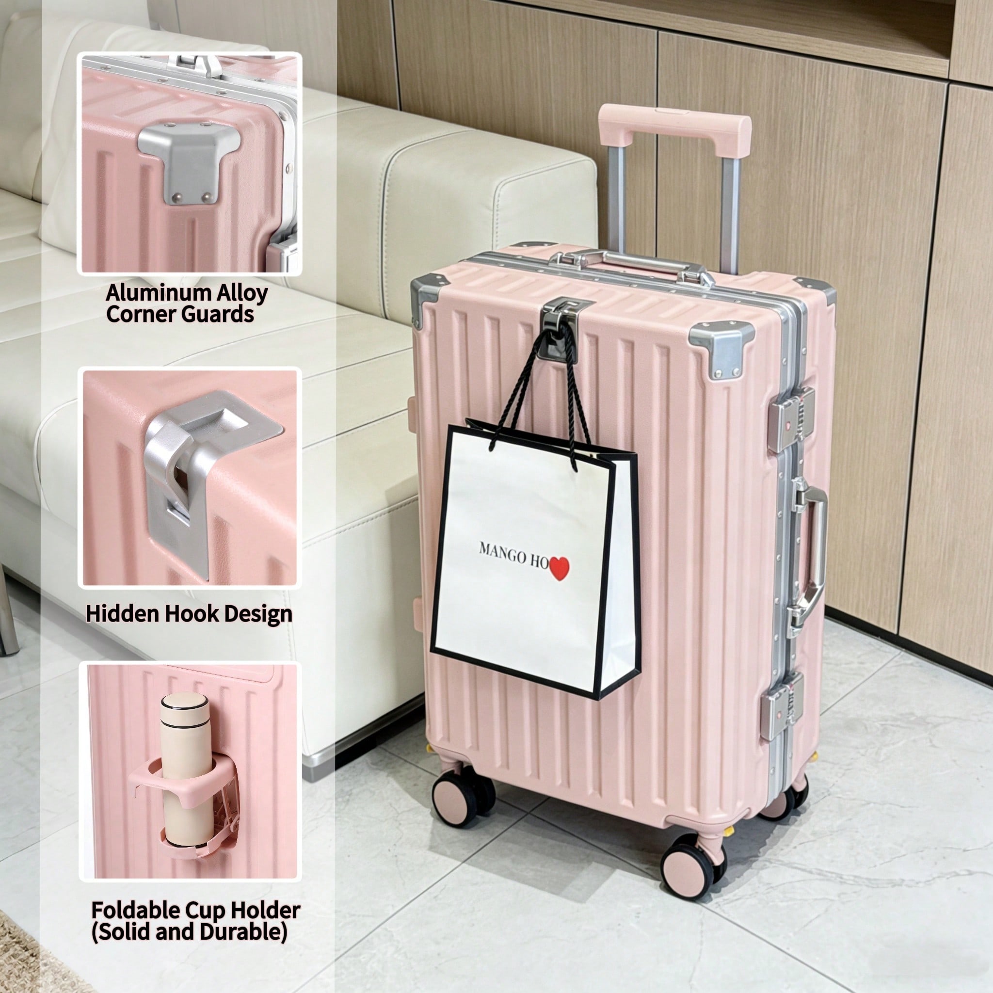 Aluminum Frame Carry On Luggage - 20インチ機内持ち込み可能スーツケース、航空会社承認済み、アルミフレーム付きPCハードシェルラゲージ、スピナーホイール、内蔵カップホルダー、旅行用スーツケース
