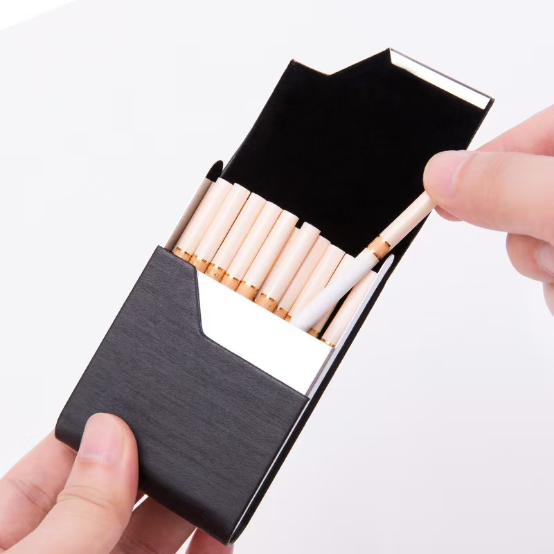 Wallets - 7スロットステンレス製シガレットケース、レザーラップ付き、Iカードホルダー＆防湿・耐衝撃メタルボックス（キングサイズ用）