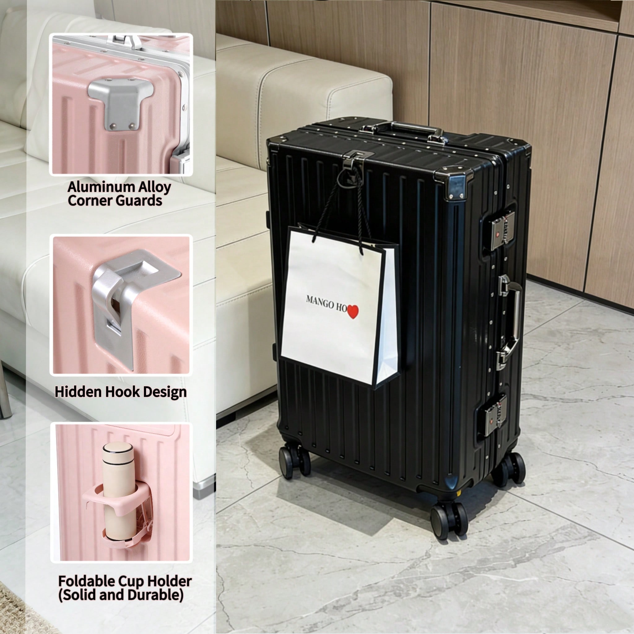 Aluminum Frame Carry On Luggage - 20インチ機内持ち込み可能スーツケース、航空会社承認済み、アルミフレーム付きPCハードシェルラゲージ、スピナーホイール、内蔵カップホルダー、旅行用スーツケース