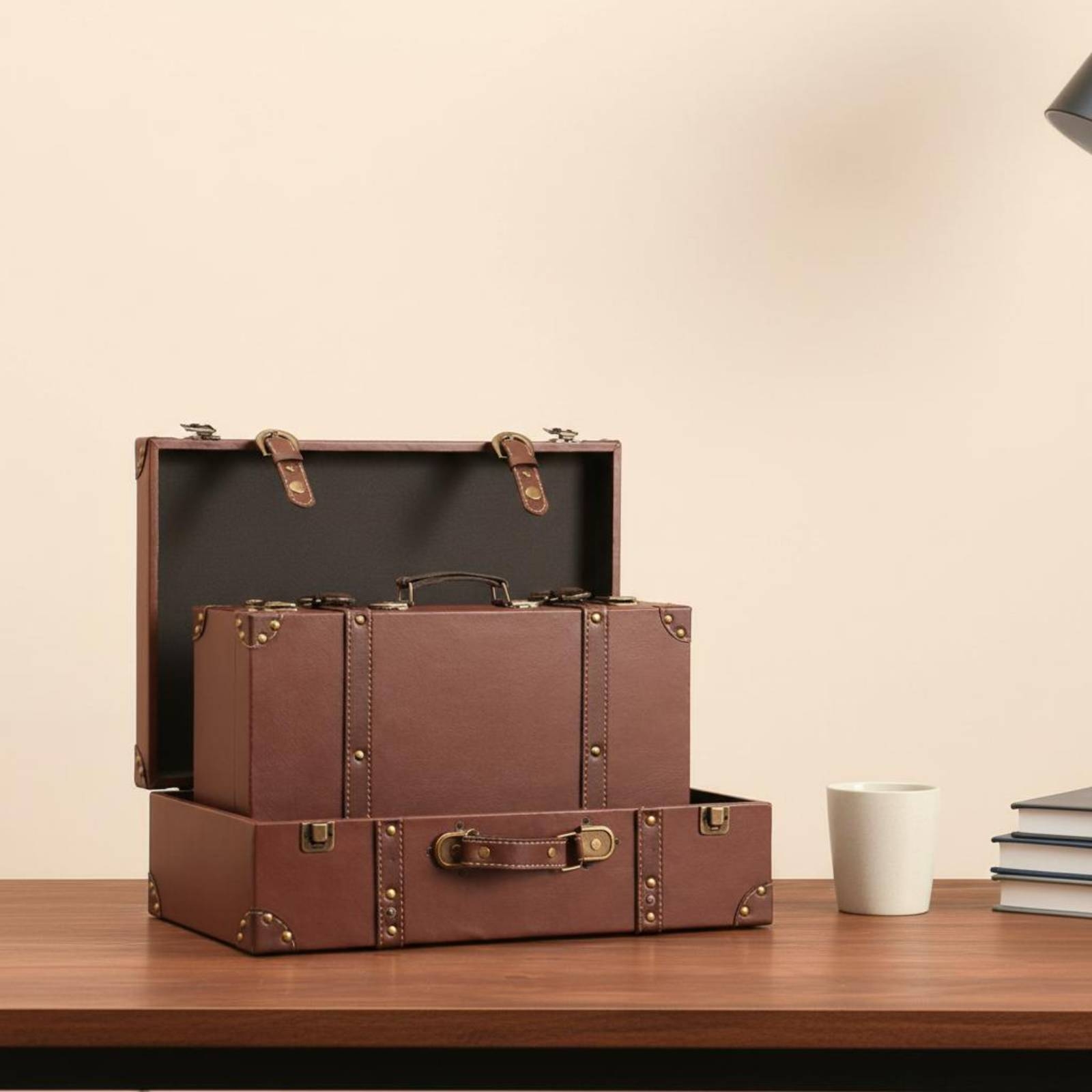 Retro Vintage Trunk Suitcase - ヴィンテージスーツケーストランク レザー調ハードサイドスーツケース レトロディスプレイ トランク リベット金具付き収納チェスト 装飾ストラップ付き