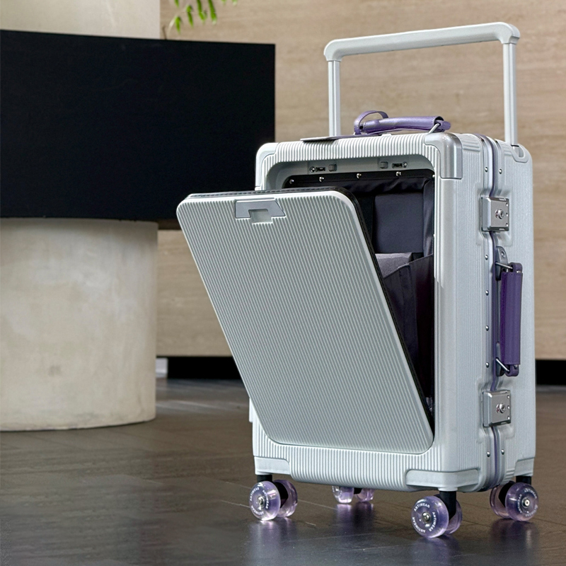 Aluminum Frame Carry On Luggage - 20インチ、24インチ、26インチのトラベルスーツケース、PCアルミフレーム、ワイドトロリーケース、カップホルダー付き機内持ち込み荷物、搭乗用ボックス、ローリングラゲッジ