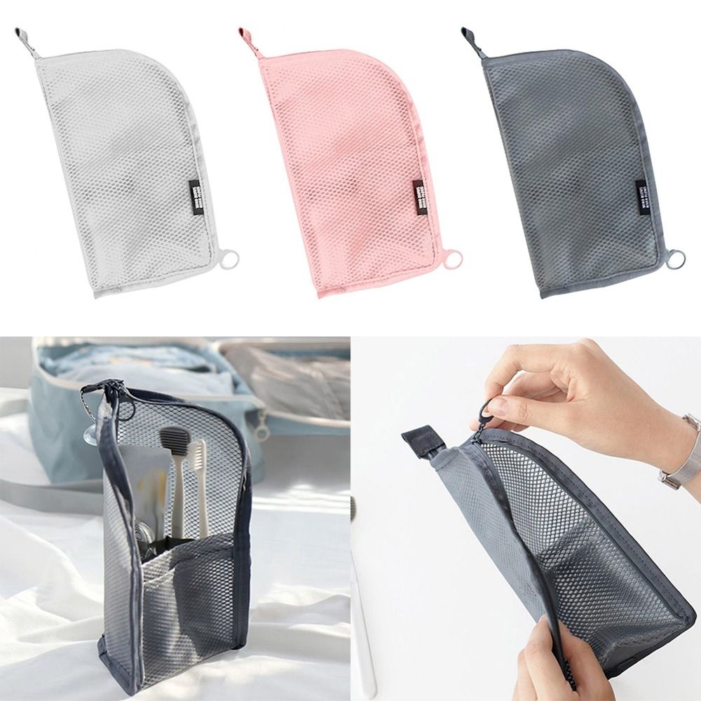Cosmetic Bags - ポータブルスタンドメイクブラシバッグメッシュジッパー化粧品バッグ洗濯オーガナイザー歯ブラシバッグ旅行用