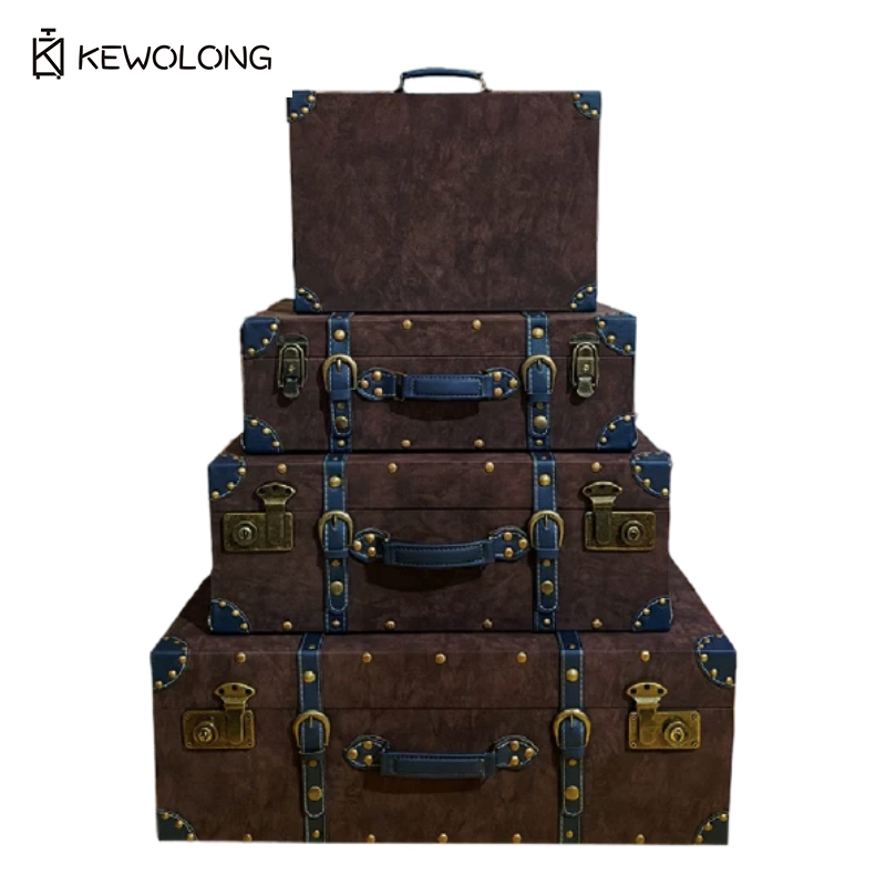 Retro Vintage Trunk Suitcase - ヴィンテージレザー製スーツケース収納ボックス、フリップトップ木製写真撮影用小道具トランク、レトロ装飾オーガナイザー（自宅や短期旅行用）