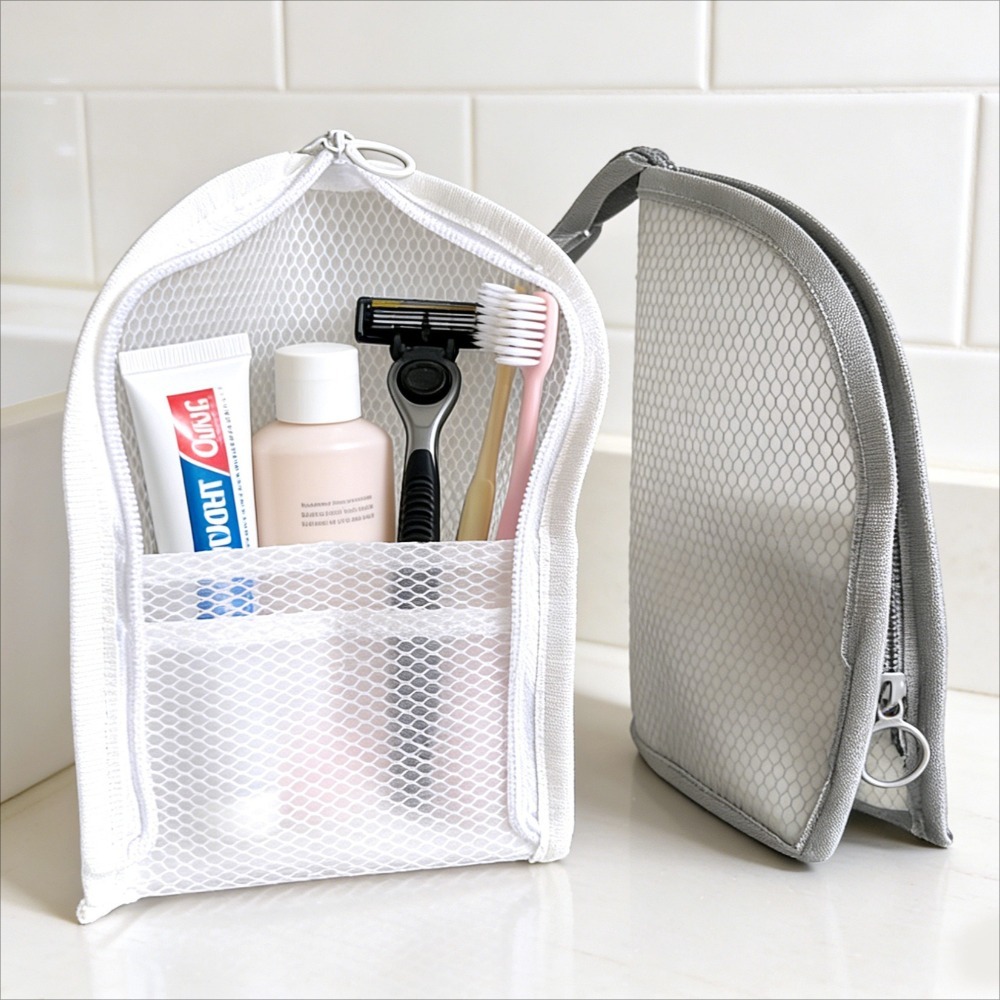 Cosmetic Bags - メッシュトイレタリーバッグ 通気性 速乾性 縦型歯ブラシホルダー 化粧品オーガナイザー 旅行