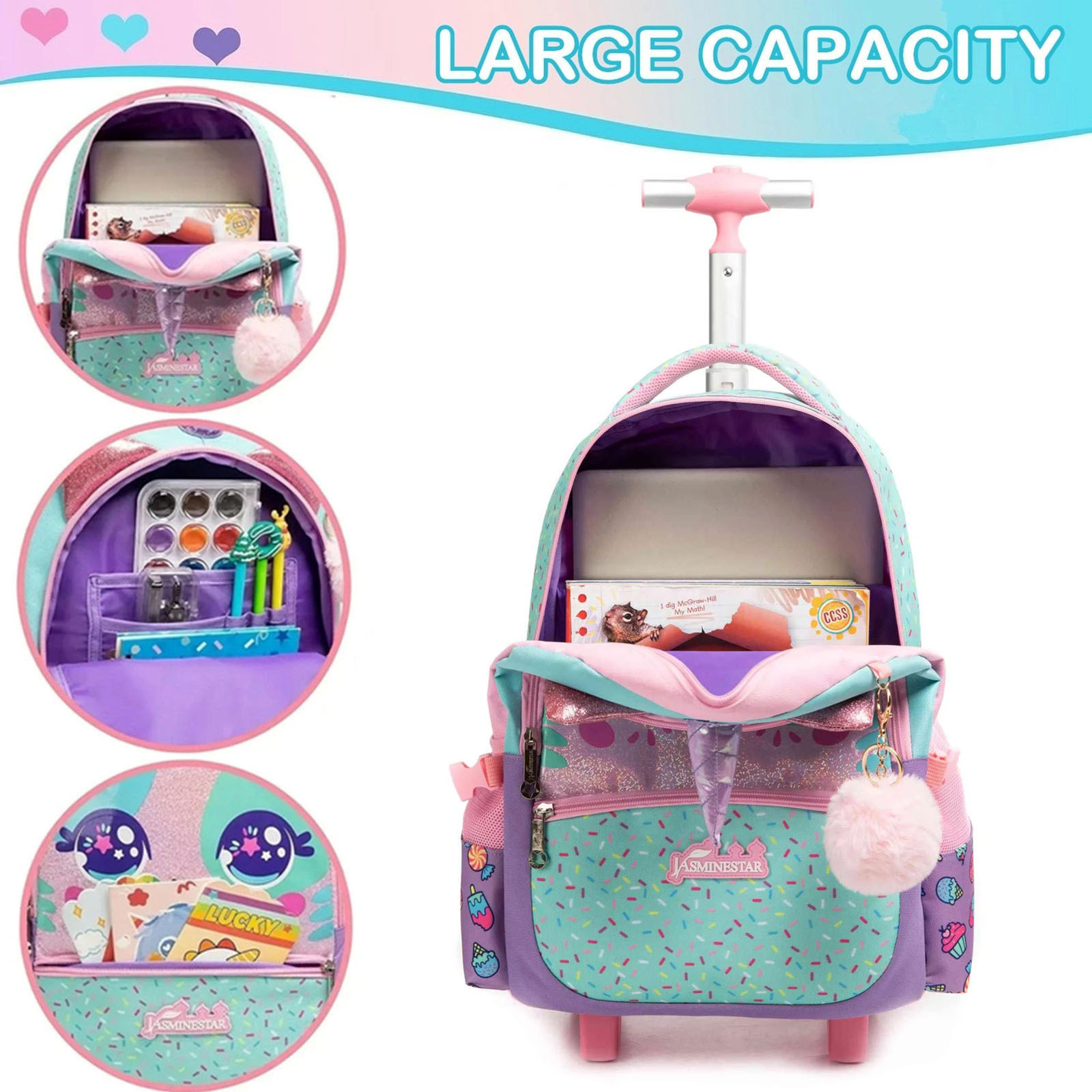 女の子用の素敵なローリングバックパック、小学生用のホイール付 - Foldable Rolling Luggage Bag のレビューと価格