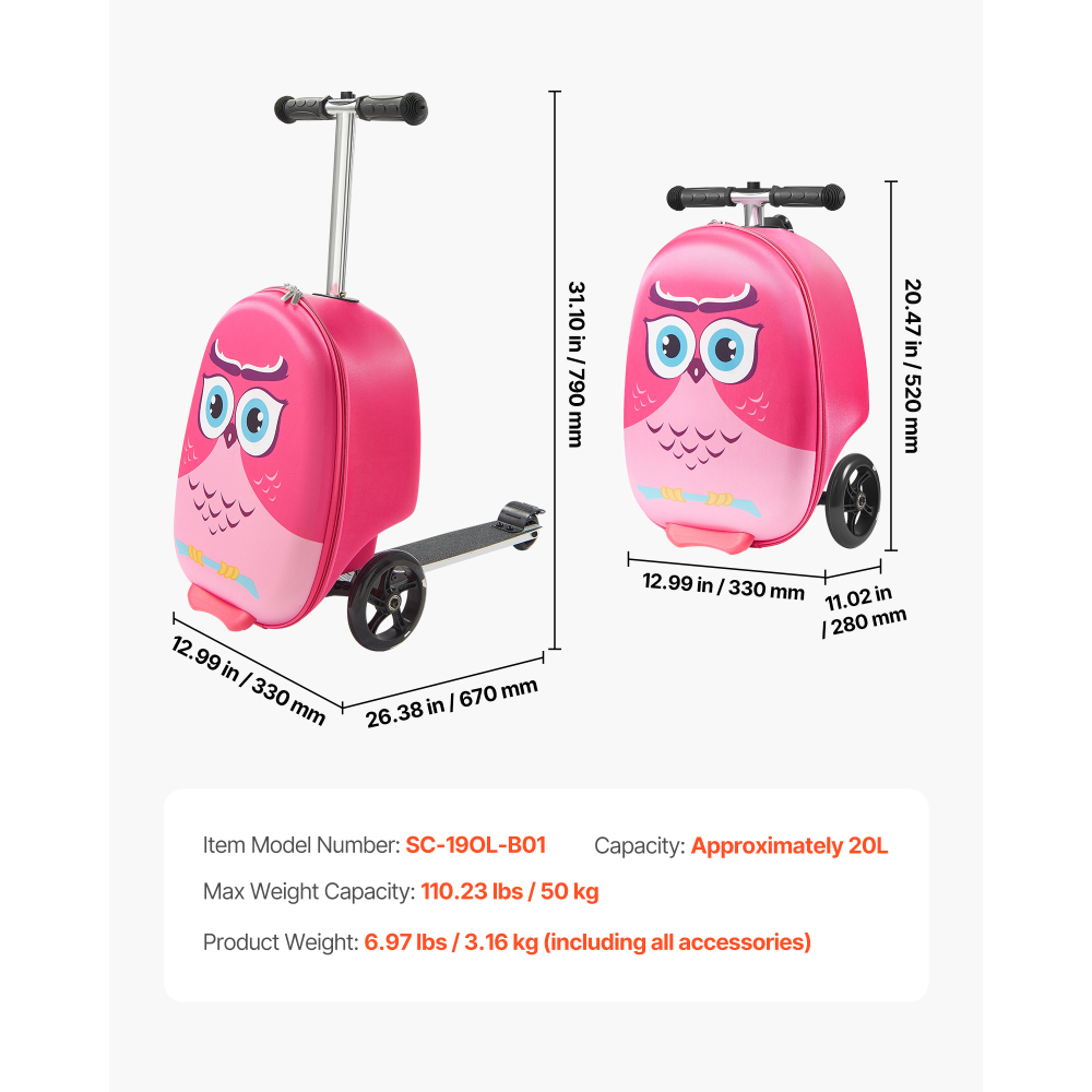 20インチ子供用ライドオンスクーターラゲッジ、ピンクの子供用 - Kids Ride On Suitcase Scooter のレビューと価格